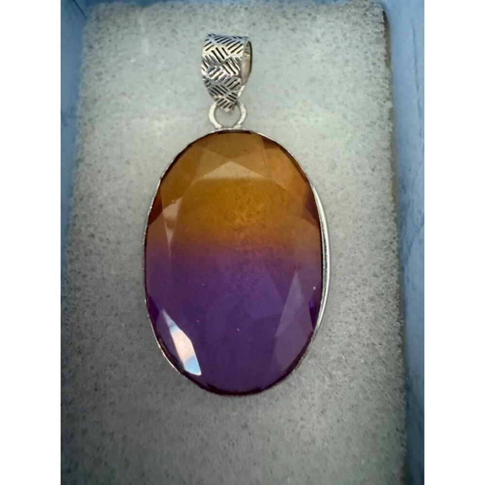 Bi-color tourmaline pink/yellow large silver-tone artisan made pendant.